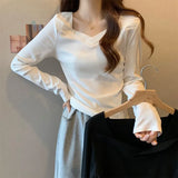 Fongt New Fall Of 2024 Wears A V-Neck Bottom Shirt With A Female Design Long-Sleeve T-Shirt Students Slim German Velvet