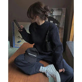 Cropped Sweater Women Vintage Striped Knitted Pullovers Harajuku Korean Slim Knitwear Japanese Black Casual Jumper-Outfit