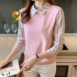 Lady Printed Knitted Patchwork Shirt Fake Two Pieces Spring Autumn Turn-down Collar Female Loose Button Sweet Blouse 2023-Outfit