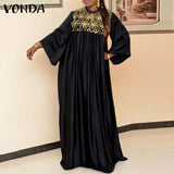 Women Kaftan Dress 2022 VONDA Vintage Long Sleeve Embroidery Mesh Dress Autumn Robes Longues Oversized Robe