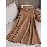 Fongt Women's Spring And Autumn Solid Color Casual Bvy Skirt With Belt