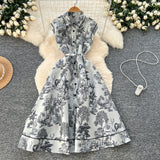 Fongt New Women's High-End Elegant Dress Women's Collar Sleeveless Single Buckle Ink Painting