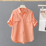 Fongt Short-Sleeved Solid-Colored Shirt Women 2025 Summer New Outer Shirt Design Sense Double Pocket Loose Thin Top Woman