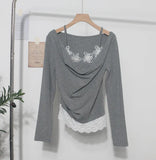 Spring Fake Two Lace Lace Collar Folded Long Sleeves Slimming Bottom T-Shirt Blouse Woman