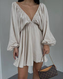 Fongt New V-Necked Long-Sleeved Dress Independent Design Bubble Sleeve Dress