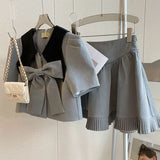 Elegant Fashion OL Small Fragrance 2 Piece Sets Women New Short Blouse + Pleated Mini Skirt Sets Summer Two Piece