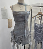 Fongt Shooting Round Neck Fluttering Dye Printing Irregular Lotus Leaf Side Mesh Slings Slings Sleeveless Top 1218