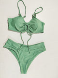 Fongt New Multi-Color Pure Color Lace Hanging Neck Bow Split Swimsuit Women's Feel