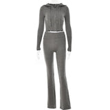 2 Piece Sets Women Tracksuit Long Sleeve Zipper Hooded Sweater Crop Top Flare Pants Stretch Matching Suit Outfit-Outfit