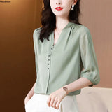 Women's Blouse Sleeve Top V-neck Summer 2021 New Shirt Silk Solid Color Beaded Fashion Casual Satin Korean Style Female