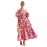 Fongt Summer New Bubble Sleeve Holiday Show Skinny Dress Babes High-Waisted Shoulder-Print Dress Dress Woman