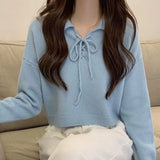 The New Korean Version Lace-Up Pullover In Spring 2024 Is Girly With Polo Collar And Simple Bottomed Sweater.-Outfit