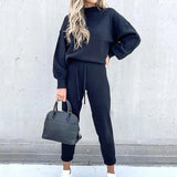 Fleece Pullover Sets Women Casual Lantern Sleeve Sweatshirt Drawstring Pants Solid Color Turtleneck 2 Piece Set