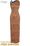 Women's Printed Leopard Print Side Slit Long Bandage Sexy Sleeveless One Shoulder Open Back Skinny Celebrity Party