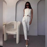 Fongt New 2024 Summer Sleeveless Vest Jacket High Waist Straight Leg Pants Solid Color Two-Piece Set-Outfit
