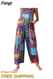 Women Casual Floral Print Strappy Dungarees Vintage Cotton Linen Loose Party Long Harem Overalls Rompers
