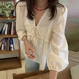 Vintage V-Neck Mesh Tie Bow Long Sleeve Blouse-Outfit