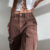 Loose Oversize Brown Jeans Women 2021 Casual High Waisted Cargo Pants With Pockets Vintage Cotton Trousers