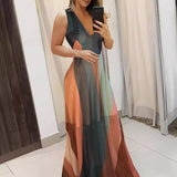 Fongt Temperament Commuter V Collar Sling Sleeveless Color Color Print Long Waist