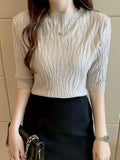 Spring Summer Korean Fashion Solid Sweater Women Short Sleeve Tops Pull Femme Casual Slim Female Pullover Knitted Clothes-Outfit