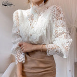 Patchwork Shirt Button Hollow Out Tops Korean Chic Lace Blouse Women Flower Stand Collar Blusas Petal Sleeve Blouses