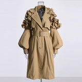Fongt Sister Wind 2024 Autumn New Advanced Sense Fold Splicing Bubble Sleeve Closed Waist Long Solid Color Coat Windbreaker-Outfit