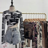 Real Shooting Front Double-Layer Tie-Dye Printing Mesh Long-Sleeved Top Short High-Waisted T-Shirt T-Shirt
