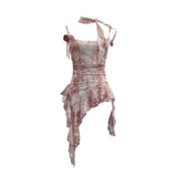 Fongt Shooting Retro Tie-Dye-Print Mesh Sling Sling Sling Vest Irregular Lotus Leaf Edge Ribbon Sleeveless Top 1185