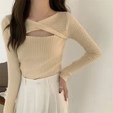 Fongt Slend Hollow Long-Sleeved Knitted Shirt Girl 2024 Spring And Autumn Careful Machine Slimming V Collar Hooded Apricot Color