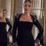 Stylish Black Diamond-Stuffed Casual Long-Sleeved Slender Bandage Long-Sighten Dress Evening