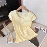And Comfortable Solid Color Lace Lace Lace Collar Knitted Knit Shirt Short Sleeve Summer New Sweet Thin Top