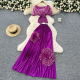 Fongt Folded Two Sets Of Women's Waist Repair Short Sleeve Pressure Folded Blouse Flowers High Waist 100 Folds Skirt