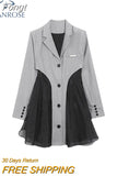Dress Tulle Patchwork Women Fall Popular Dress Design Stylish Ladies Solid Retro Button Temperament Dress Chic