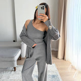 Fongt Lazy Knitted Casual Sweater Gray Camel Two-Color High-End One-Shoulder Vest With Wide-Legged Trousers