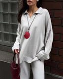 Fongt And Winter Solid-Color Lap-Over Sweater Set Women's Loose Knit Polo Collar Sweater Broad Leg Pants Two-Set