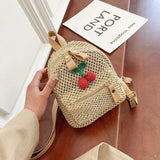 Summer Tiny Daisy Weave Backpacks Fashion Cherry PU Backpack Small Straw Beach Daypack Girls Rattan Holiday Travel