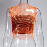 Fongt Nightclub Dresses Fishnet Hollow Out Rhinestone Vest Mesh Flash Diamond Sling Top