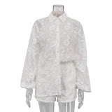 Fongt Suit 2024 Spring Autumn New Fashion Cotton Embroidered See-Through Shirt High Waist Shorts-Outfit