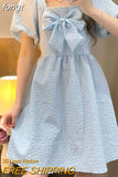Puff Sleeve Dresses Women Bow Students Kawaii Y2k Summer Vestidos Basic Design Daily Stylish Young Preppy Sheer Retro