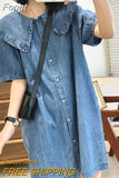 Style Summer Doll Collar Denim Dress Short Sleeves Loose Cute Midi