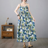 Fongt Summer Art And Leisure Swing Cotton Tample Long Print Beach Dress Women's Sleeveless