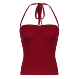 Style Harbor Style Lace Splicing With Neckline Lace Splicing Small Pleats Hanging Neck With Red Bra Vest Summer Style-Outfit