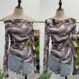 Fongt Dyed Printed Shoulder T-Shirt Design Sense Irregular Open Fork Thin Mesh Long Sleeve Top 8958