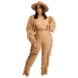 Fongt New Women's Wear Casual Solid Color Knit Long Sleeve Tassel Suit-Outfit