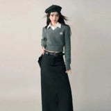 Cropped Sweater Women Solid V Neck Knitted Pullovers Vintage Preppy Slim Knitwears Korean Basic Black Grey Jumper Tops-Outfit