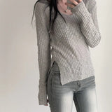 Solid Color V-Neck Elastic Knitted Tee-Outfit