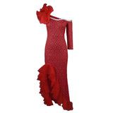 Fongt Yarn Stitching Collar Dress Dress Designer Single Sleeve Slanted Wood Ear Dress Party Dress