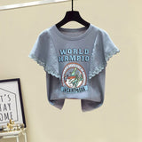 Women Summer Two Pieces Set Korean Casual Ruffles Lace Patchwork Letter Print Top And Wide Leg Denim Pants