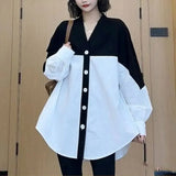 Women's Clothing Korean Striped Blouse Casual V-Neck Loose Spring Autumn Commute Single-breasted Basic Fashion Patchwork Shirt-Outfit