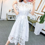 New Spring / Summer Runway Women's Clothings Pleated Stand Collar Short Sleeve Single Breasted Polka Dot Lace